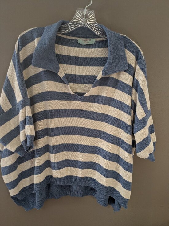 Mersea Sweaters - mersea by voyageur woman short sleeve knit sweater cream blue stripes L #868